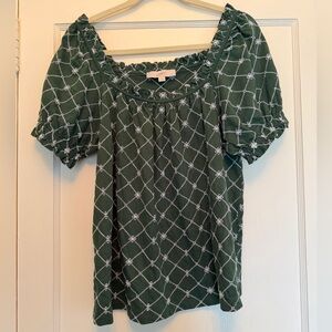 LOFT Eyelet Puff Sleeve Green Cotton Blouse